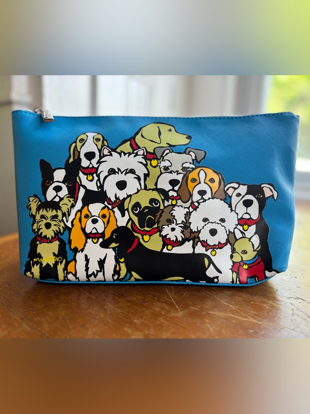 NEW Marc Tetro Dog Breeds Large Cosmetic Makeup Bag Case Blue 11x6 Stripe Lining